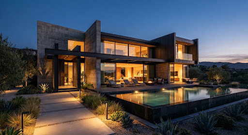 A high-end residential villa at twilight with exposed concrete, dark steel beams and warm interior lighting