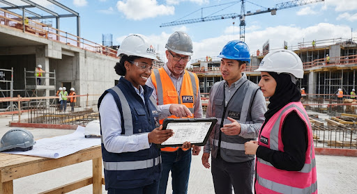 A team of structural engineers and site managers reviewing blueprints on a tablet at an active construction site