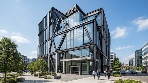 Exterior view of a renovated commercial office building with a modern glass facade