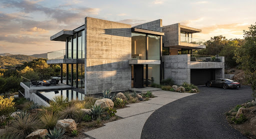 High-end modern residential home with brutalist architecture and poured concrete walls